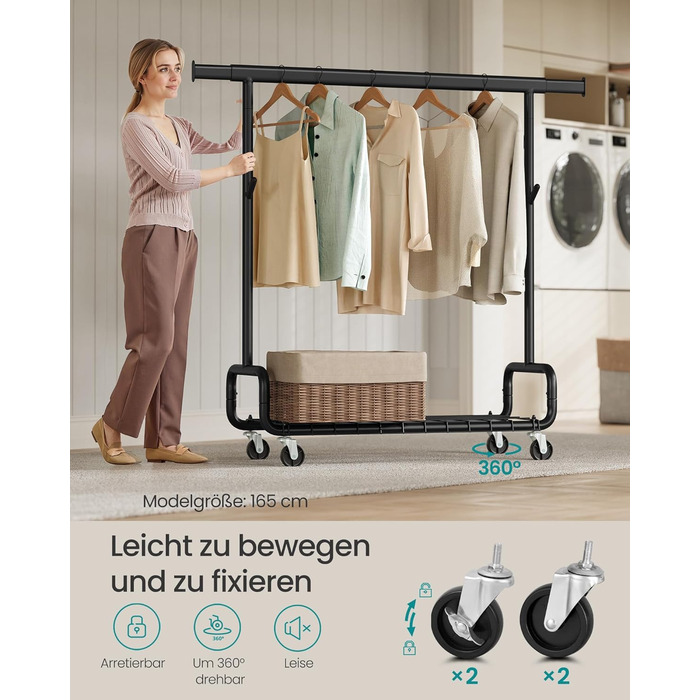 SONGMICS Стійка для одягу на коліщатках, важка, з висувними штангами, регульована висота, з полицею та гачками (HSR015B01, Чорний)