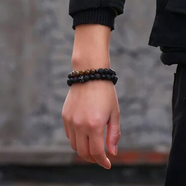 Чоловічий браслет RANKEEF з перлами, набір, 8 мм, еластичний, чорний кришталь, браслет з тигрового ока, лава, білий камінь