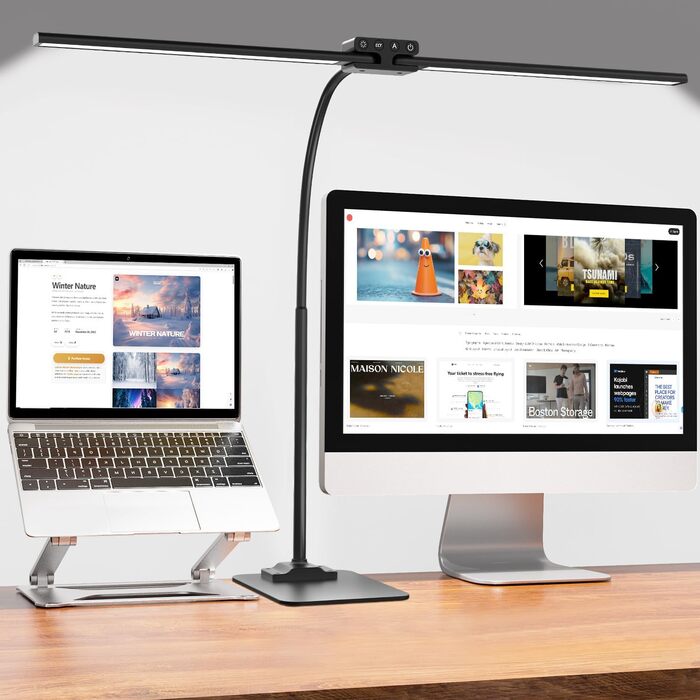 LED Desk Lamp with Adjustable Brightness, 1200 Lumens Dual Head Clamp-On for Home Office, Eye Protection Gooseneck Table Lamp, Monitor Light with 5 Color Temperature & Brightness Levels (Black Dual-Head Metal Base)