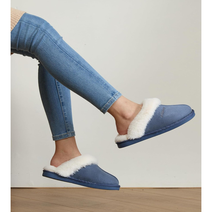 Тапочки домашні Donpapa для жінок та чоловіків, зимові, теплі, з м'якої плюшевої тканини та піною з пам'яттю, імітація овечої шкури, антиковзаючі, для дому та вулиці (38.5/40 EU, Concord Blau)