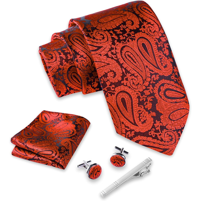 Набір краваток Massi Morino для чоловіків з нагрудним хустинкою, краватковою голкою та запонками. Ідеальний подарунок на весілля. Paisley, червоний колір.