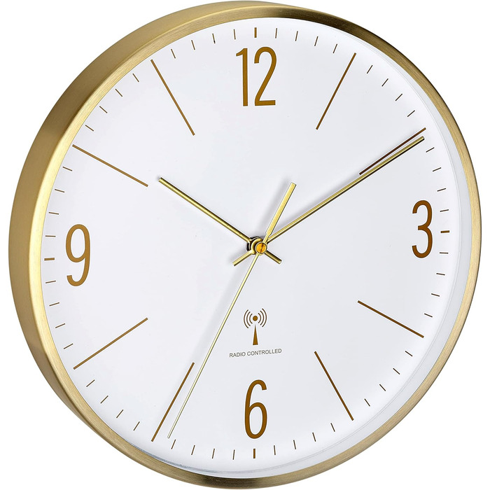 TFA Dostmann Analog Wall Clock, 60.3534.55, 30cm, Gold-Colored Metal Frame, Quiet Movement, Modern Design, with Glass Cover, Gold