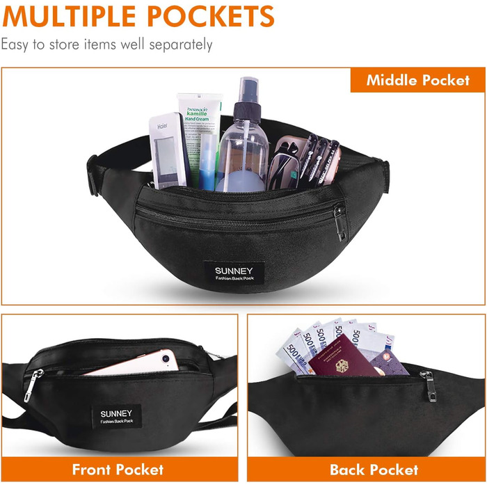 Поясна сумка SUNNEY для жінок та чоловіків, водонепроникна, з декількома кишенями, регульованим ременем. Підходить для спорту, подорожей, бігу, піших прогулянок та велоспорту