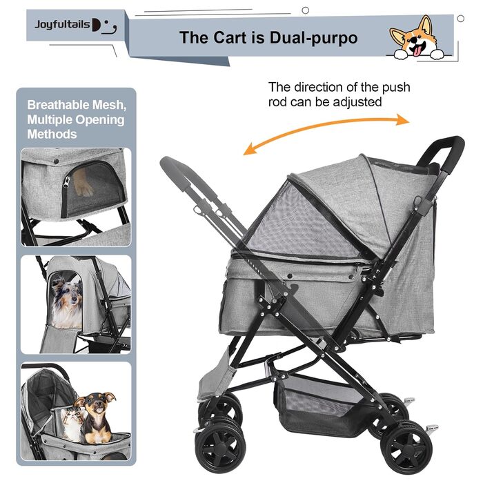 Складаний візок для собак, переноска для тварин до 20 кг, сірий. Підходить для собак та котів