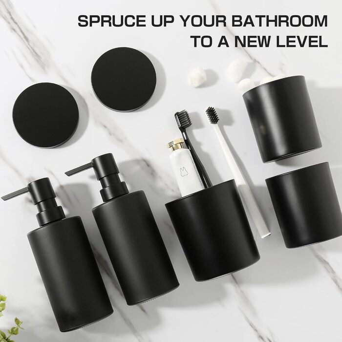 Набір аксесуарів для ванної кімнати, 5 предметів, матовий чорний: мильниця, стакан для зубних щіток, тримач для ватних паличок та бавовни, сучасний декор