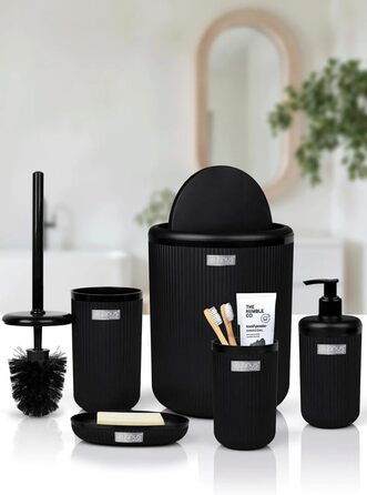 5-ти предметний набір аксесуарів для ванної кімнати чорний круглий – Розкішний сучасний набір: тримач для зубних щіток, стакан, йоржик для унітазу, мильниця та відро