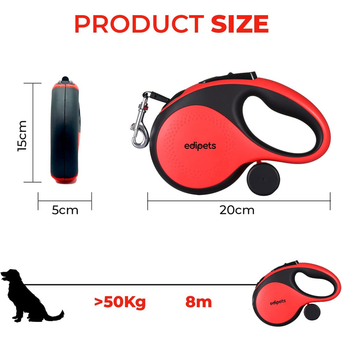 Hundeleine Edipets висувна 8 м, для собак різних розмірів, червона