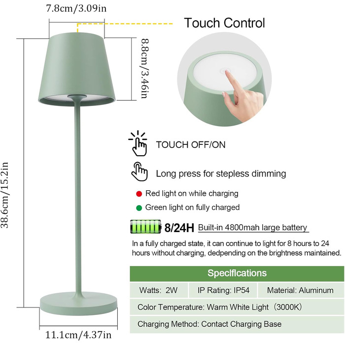 Світлодіодний акумуляторний настільний світильник K-Bright з димером, зелений (2 шт.) | Для дому та вулиці | Тепле біле світло 3000K | Зарядна станція