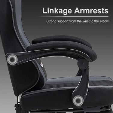 Геймерське крісло Racing Ergonomic Stoff – чорно-сіре з підставкою для ніг та регульованою спинкою (135°)