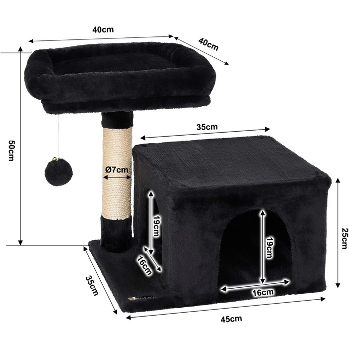 Lionto Scratching Post for Cats with Cozy Lying Area & Cave, Height 50 cm, Cat Tree with Plush Ball including Bell, Sisal Rope & Soft Plush, Suitable for Small & Large Cats, (Black)