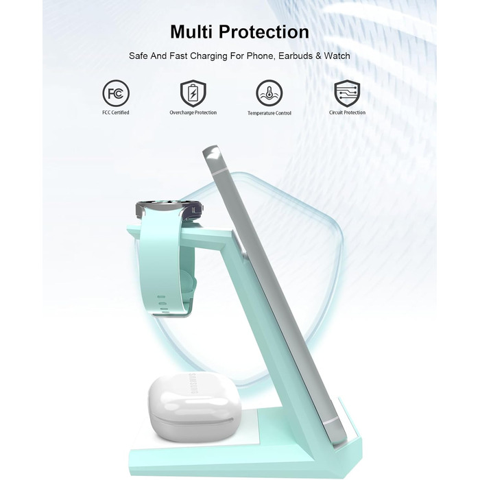 Зарядний пристрій NANAMI 3-в-1 для Samsung Galaxy Watch, Buds та смартфонів S25, S24, S23 Ultra, Z Flip, Z Fold (зелений)