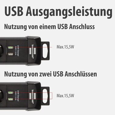 Брененштуль Steckdosenleiste Premium-Line: Розподільник розеток 6-фазний з захистом від перенапруги до 60000A, з вимикачем, 3м кабель, 2x USB 3.10A, для монтажу на стіну, Made in Germany, чорний, захист від витоку струму 60000A