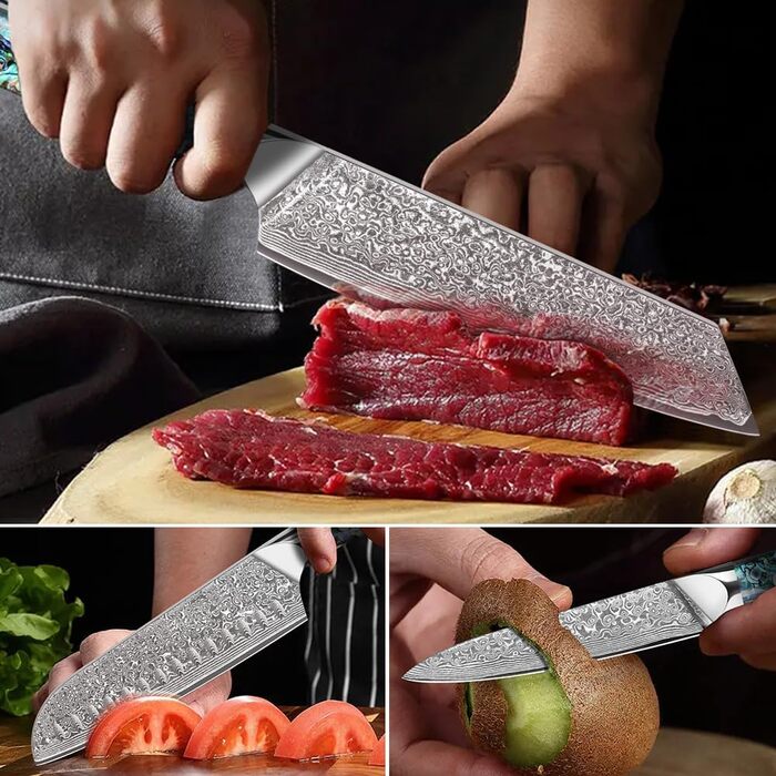 Ніж Santoku з дамаської сталі 18 см: преміум якість, VG-10 сталь, ручка з мушлі Абалоне, подарункова коробка