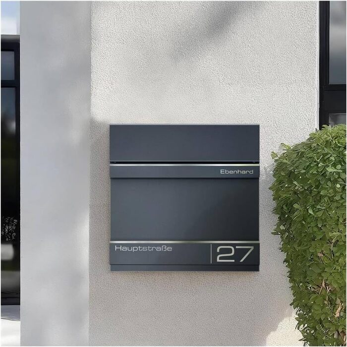 Поштова скринька Metzler Hermann Anthrazit RAL 7016 з газетницею та номерним знаком – персоналізована лазерним гравіюванням. Сучасна водонепроникна та антикорозійна поштова скринька