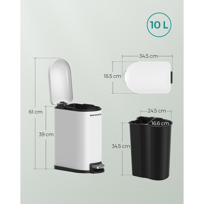 Сміттєвий кошик для ванної кімнати SONGMICS ISLAND LTB10WT, 10 л, з кришкою та системою Soft-Close, сталевий, білий