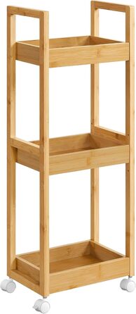 SONGMICS Rolling Cart, Bathroom Shelf, 3-Tier Bathroom Organizer, Bamboo Nook Shelf, Narrow Shelf, Rolling Utility Cart, Space-Saving, 20 x 30 x 80 cm, White BCB083W01 (Natural Beige)