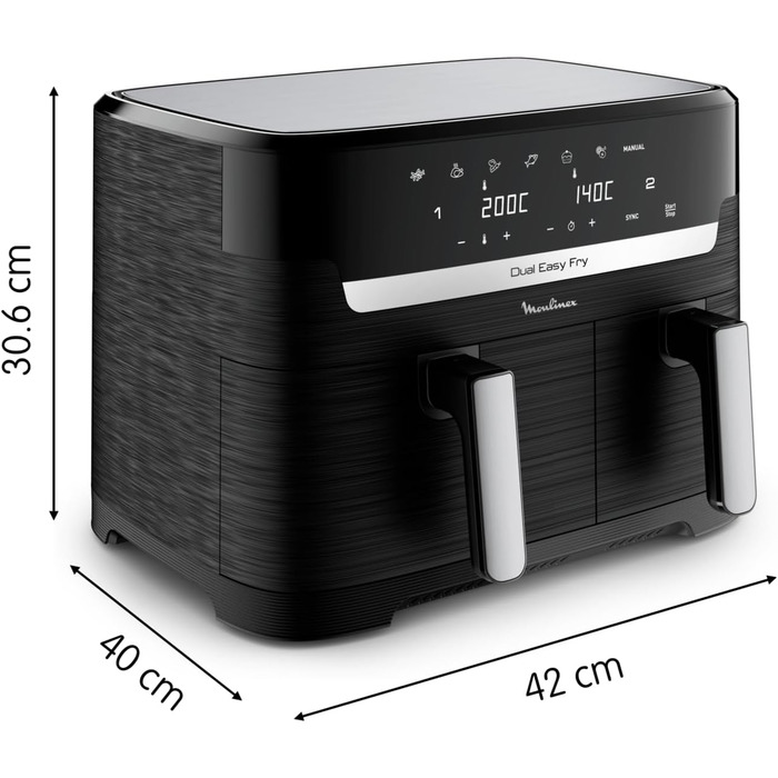 Аерофритюрниця Moulinex Dual Easy Fry 8,3 л, 7 програм, енергозбереження до 70%, подвійна чаша 5,2 л + 3,1 л, цифрове керування, книга рецептів, підходить для миття в посудомийній машині