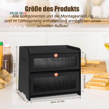 Бак для хліба з бамбука для кухні, 2-шаровий контейнер для домашнього хліба, чорний прямокутний, велика місткість