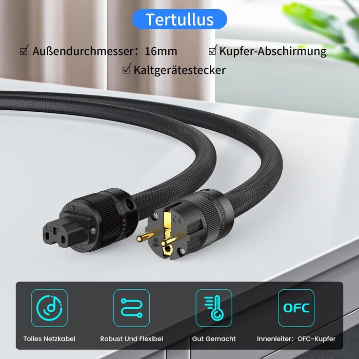 Hi-Fi мережевий кабель Tertullus High End C15 для аудіотехніки, роз'єм Schuko та C15, 1м (P104-c15)