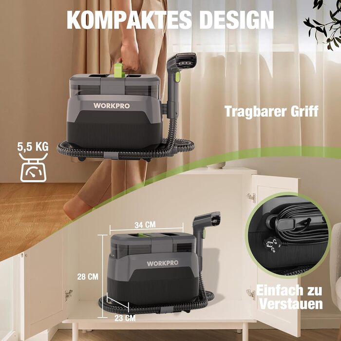 WORKPRO Мийний пилосос для килимів та м'яких меблів, 16 kPa, 4 режими очищення, насадки для килимів, диванів, матраців, вікон, видалення тваринських плям