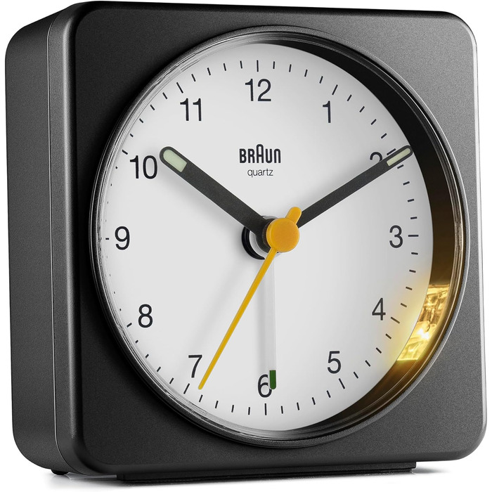 Braun Classic Analog Alarm Clock with Snooze Function and Light, Silent Quartz Movement, Crescendo Alarm, Black and White Model BC03BW.