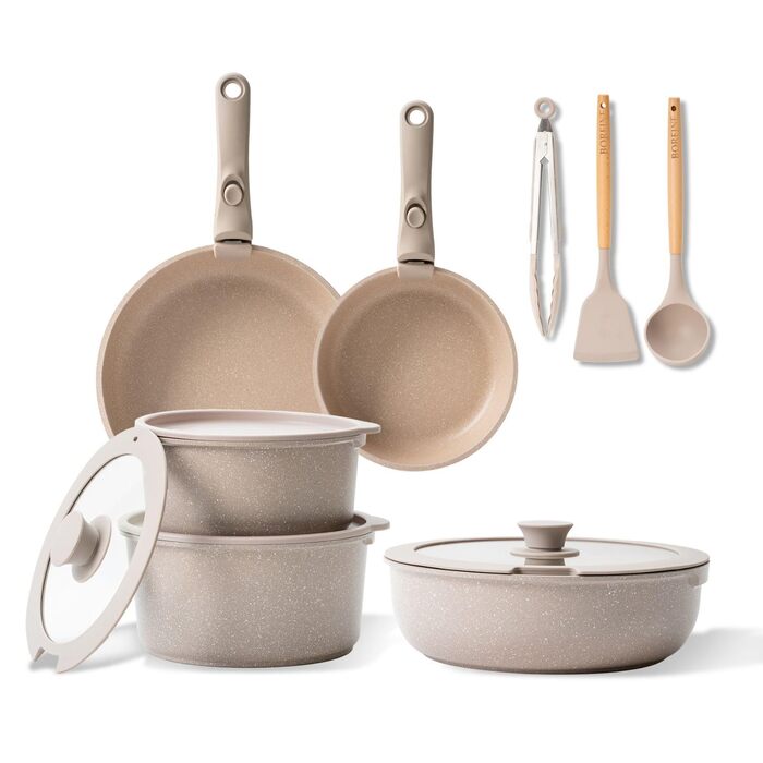 Набір посуду BOREINE 14 предметів: каструлі та сковороди з антипригарним гранітним покриттям (PFOA-free), знімні ручки, для всіх типів плит (індукція, склокераміка, газ, духовка), коричневий