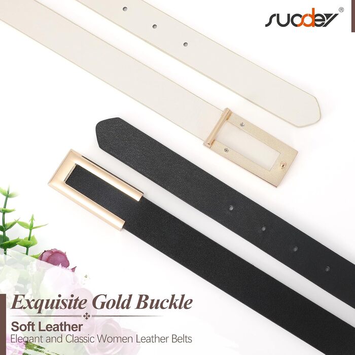 Жіночий тонкий шкіряний ремінь SUOSDEY з золотистою пряжкою (2 шт.), чорний+бежевий, 100 см, розмір талії 70-84 см