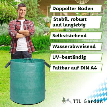 Садові мішки TTL Garden 272 л, 6 шт, посилене дно, самостійно стоять, 4 ручки, 150 г/м², великі та міцні, для трави, листя, гілок і садового сміття