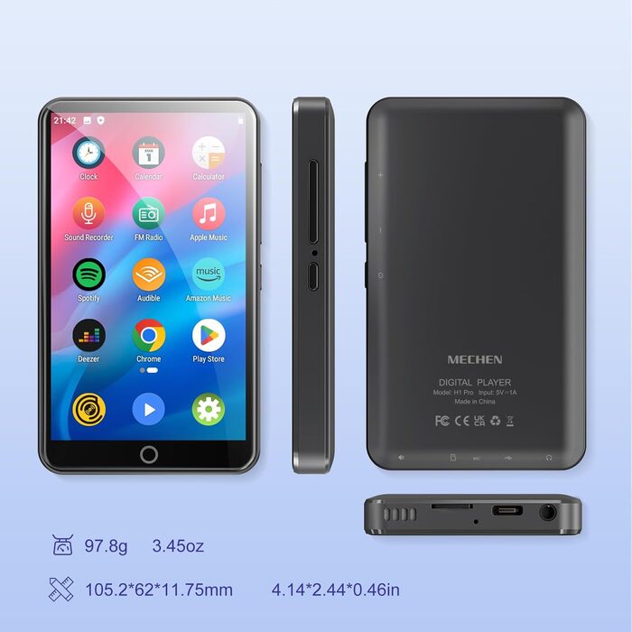 MP3 плеєр MECHEN на Android 9.0 з Wi-Fi та Bluetooth, 4-дюймовий сенсорний екран, підтримка Spotify, Amazon Music, Audible, Радіо, сірий