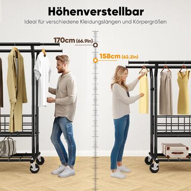 Підставка для одягу HOKEEPER на коліщатках, важка, з подвійною перекладиною, до 283 кг, D004K