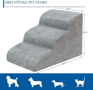 Сходинка для собак 3 сходинки, для маленьких собак, до ліжка/дивану, водонепроникна, з неслизьким покриттям, знімний чохол, з високощільним губчастим наповнювачем, 60x40x40 см