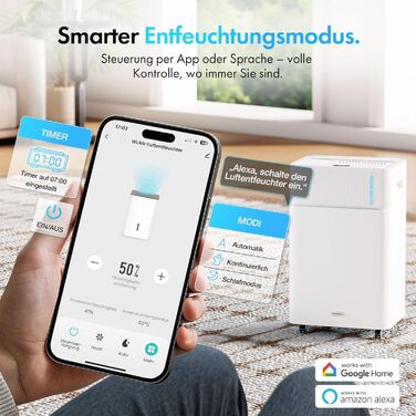 Електричний осушувач повітря VonHaus 20л/добу з Wi-Fi, для підвалу та приміщень до 20м², з таймером та шланг для відведення конденсату, сумісний з Alexa & Google Home