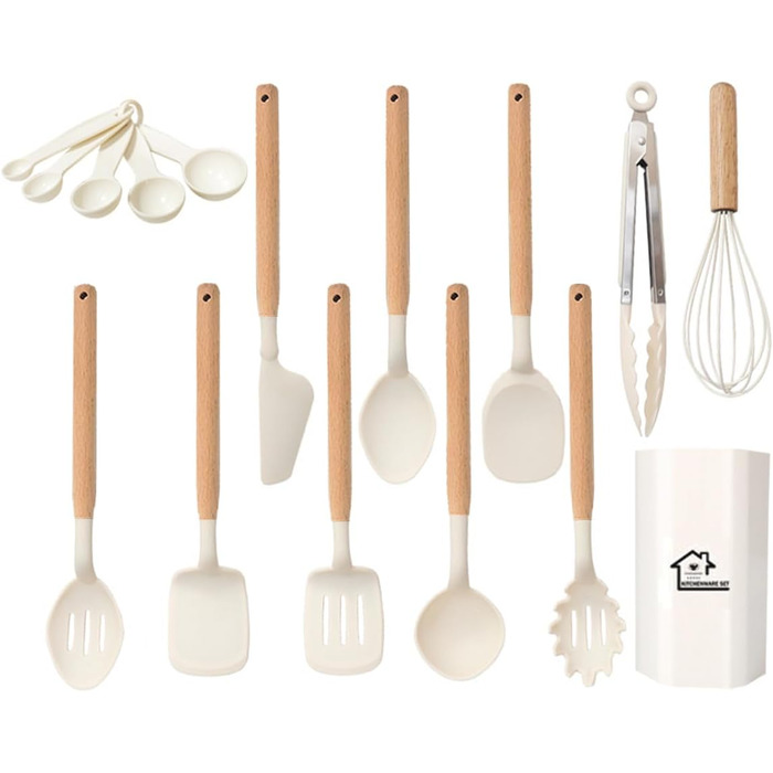 Набір кухонних помічників 12 шт. з силікону з дерев'яними ручками: лопатки, ложки, щипці. Кухонне приладдя, стійке до високих температур, антипригарне покриття.