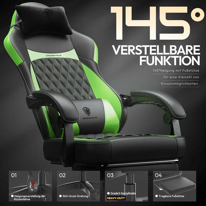 Ігровий крісло Dowinx Racing з підтримкою попереку, ергономічний геймерський крісло з PU шкіри, 150 кг (Зелений)