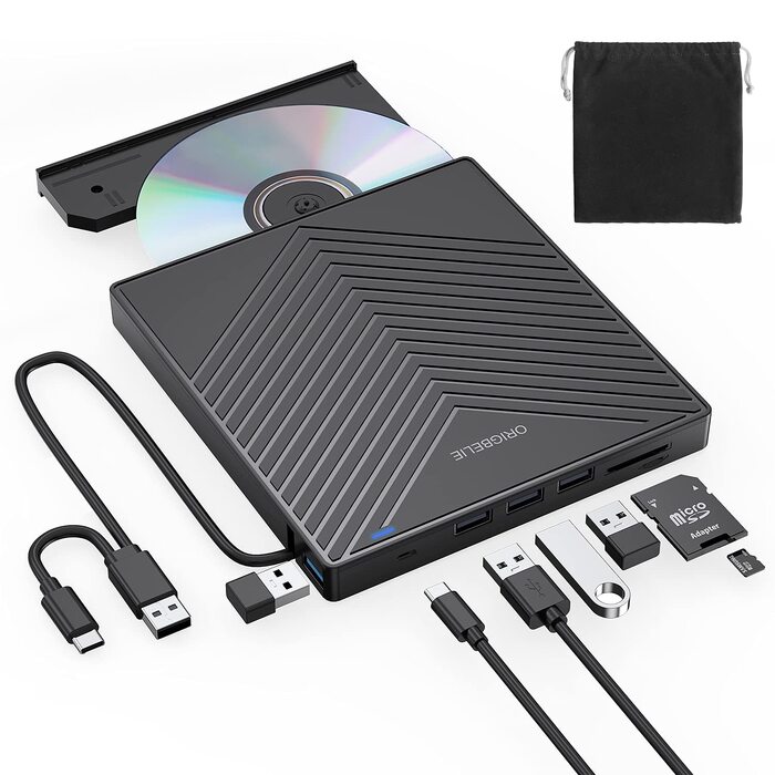 Зовнішній DVD-накопичувач ORIGBELIE з 4 USB та 2 TF/SD слотами, ультратонкий CD/DVD-привід (записувач та рідер) для ноутбука, PC, Mac, Windows 11/10/8/7, Linux