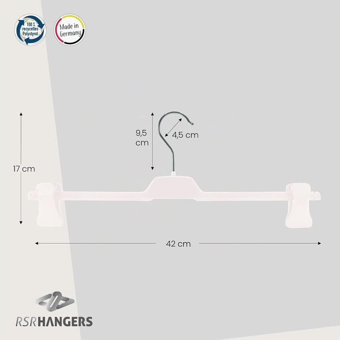 Вішалки для штанів RSR-Hangers® білі, 20 шт, XL PUC, пластикові пліччики з регульованими протиковзкими затискачами, 42 см, поворотний гачок 360°, Made in Germany