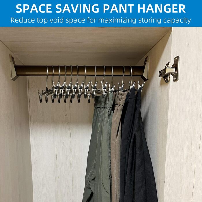 10 металевих вішалок для штанів, шкарпеток та спідниць з кліпсами, 30 см, антиковзаючі, хром, міцні, економія місця, чорний