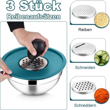 Миска Joyfair 4,5 л з нержавіючої сталі з кришкою, набором терок для приготування їжі, миска для салатів, посудомийна машина - блакитна