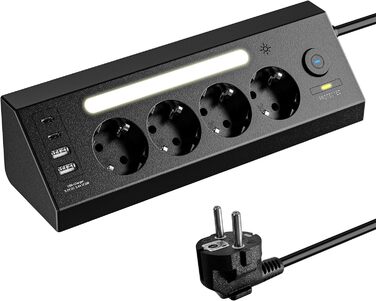 Кутова мережева розетка з USB та 2 Type-C, 4 слоти, з вимикачем, захист від перенапруги, LED, кабель 1.8м