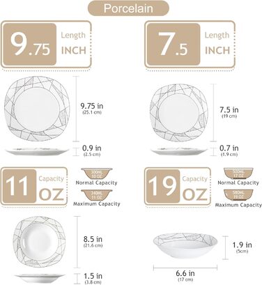 VEWEET Сервіз столовий 'Serena' з порцеляни, 24 елементи | 6 тарілок для сніданку, десерту, їжі та супу | Сервіз для 6 осіб, ресторану, сім'ї, білий