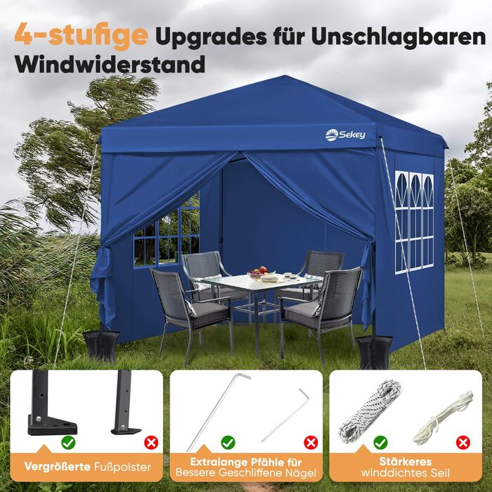 Sekey One-Touch Pop Up Pavilion 3x3 Waterproof Stable Winter-Proof, Folding Pavilion 3x3m with Thickened Tubes, Party Tent Pavilion Folding for Camping Festival Party, (Navy, with Side Walls)