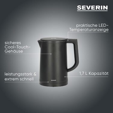Електричний чайник Severin WK 3484 Cool Touch: подвійні стінки, LED-дисплей температури, 1.7 л, 2200 Вт, чорний