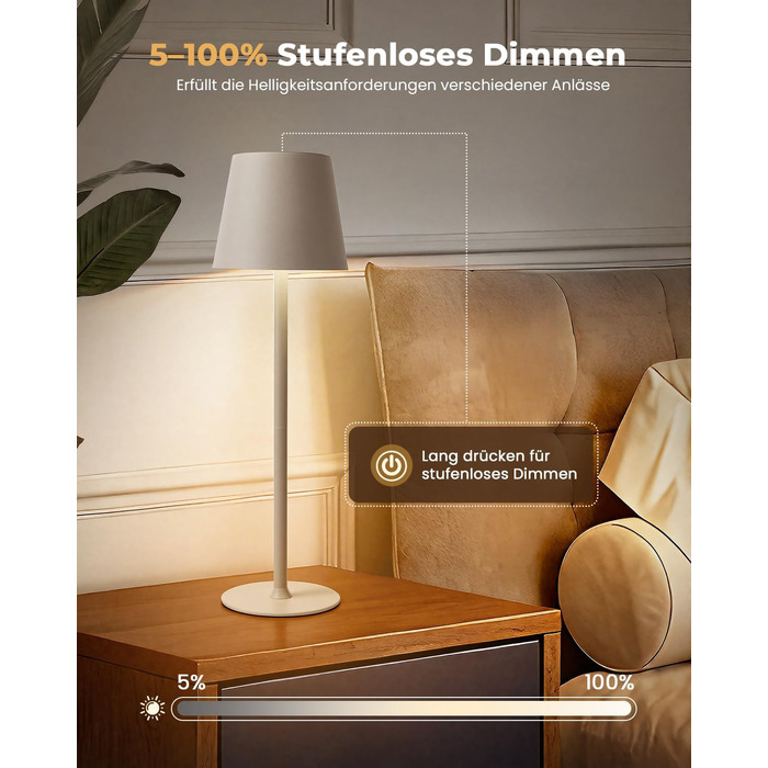 Настільна лампа бездротова акумуляторна Metalux Beige: світлодіодна, диммована, сенсорна, водонепроникна для дому та кемпінгу