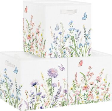 HUUMONSS 30cm Storage Box, 3 Pack, Garden Wildflower Storage Basket, Kids Foldable Spring Butterfly with Handles, Storage Cube Organizer for Toys, Books, Clothes