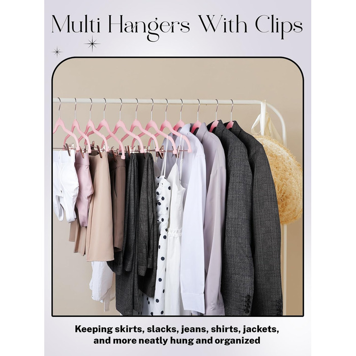 Вешалки для одягу HOUSE DAY, 20 шт., з кліпсами, ультратонкі, оксамитові, неслизькі, для штанів, економія місця (персиковий рожевий)