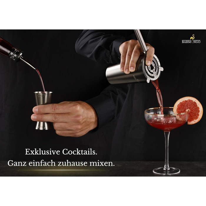 BARMINGO Stainless Steel Cocktail Set - 11 Piece Bar Set with Shaker, Stand & Accessories | Cocktail Shaker Set | Bartender Set | Cocktail Mixing Set | Bar Set | Gift Set | Black Metallic Black