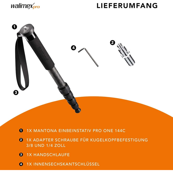 Штатив Mantona Pro One Einbeinstativ з карбону (144см) - чорний. Регулювання висоти, зручна ручка, компактний, з аксесуарами