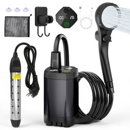 Camping душ з підігрівом та насосом, USB зарядка, цифровий дисплей – портативний душ 6000mAh для кемпінгу, саду, авто, тварин, чорний