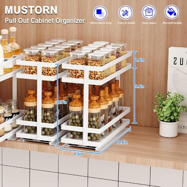 Висувний органайзер для спецій Mustorn, 2-рівневий, металевий, для кухні (білий)