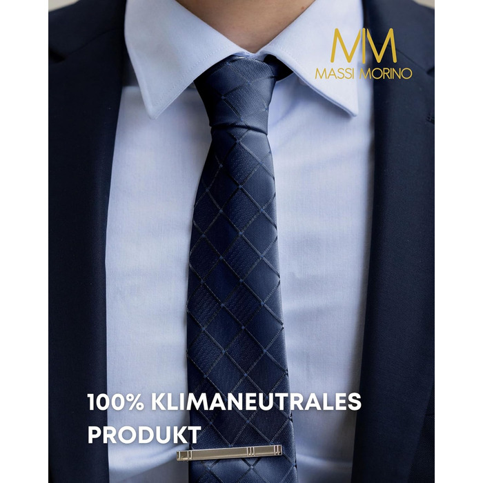Набір краваток Massi Morino для чоловіків (з нагрудною хустиною, краваткозажимом та подарунковою коробкою) - темно блакитний, квадратний, для весілля